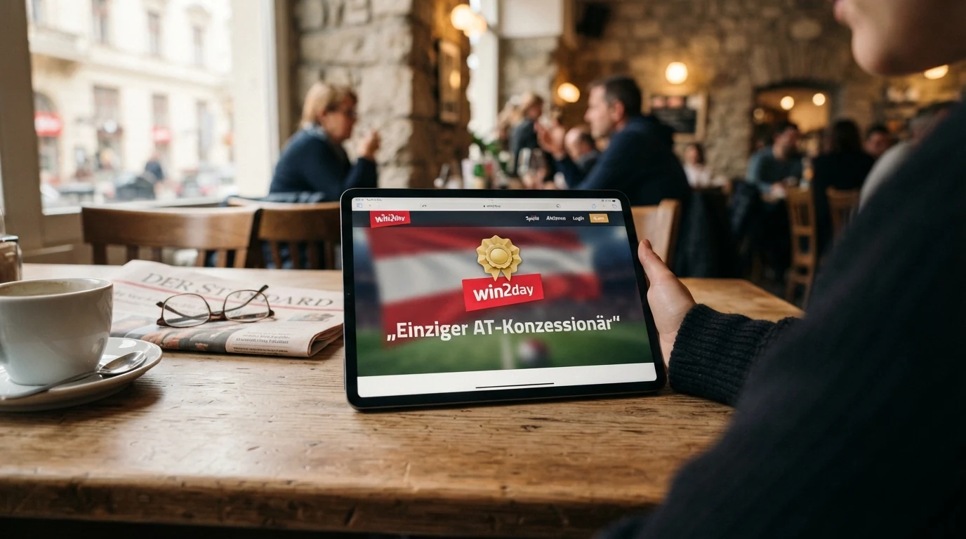 Das win2day-Logo vor einer stilisierten österreichischen Flagge mit dem Schriftzug „Einziger AT-Konzessionär“