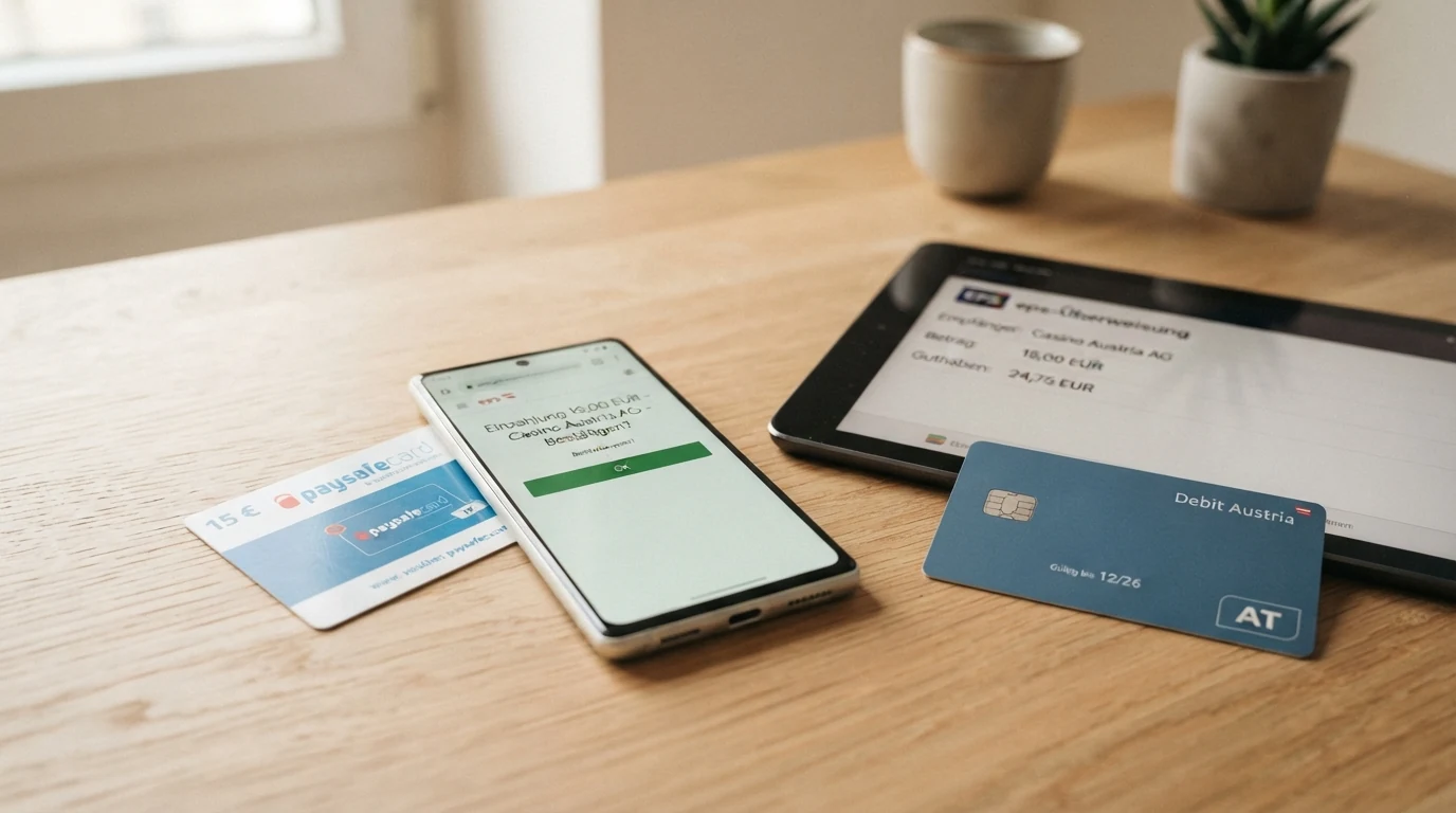 Vier Zahlungsmittel nebeneinander: eine Paysafecard, eine eps-Überweisung-Bestätigung auf einem Smartphone, eine Skrill-Wallet-Oberfläche und eine Kreditkarte, jeweils mit dem Betrag 15,00 € beschriftet