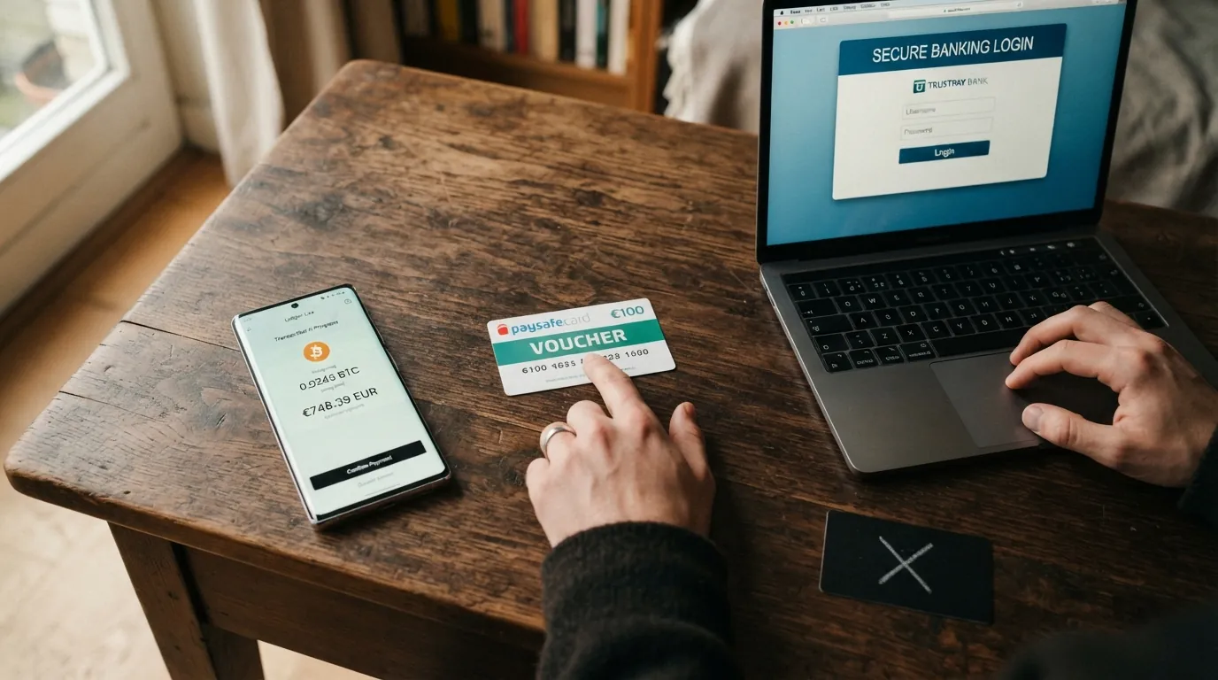 Eine Übersicht der Zahlungsmethoden: Bitcoin-Wallet, Paysafecard-PIN, Trustly-Logo, PayPal-Logo mit rotem „in AT nicht verfügbar“-Kreuz